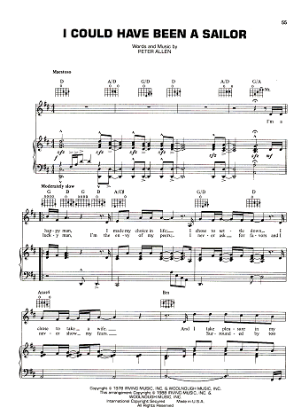 Picture of I Could Have Been a Sailor, written & recorded by Peter Allen, sheet music