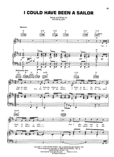 Picture of I Could Have Been a Sailor, written & recorded by Peter Allen, sheet music