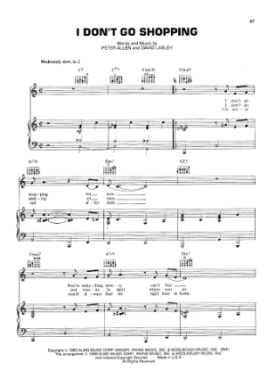 Picture of I Don't Go Shopping, Peter Allen & David Lasley recorded by Peter Allen, sheet music