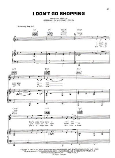 Picture of I Don't Go Shopping, Peter Allen & David Lasley recorded by Peter Allen, sheet music