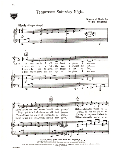 Picture of Tennessee Saturday Night, Billy Hughes, recorded by Elvis Presley, sheet music