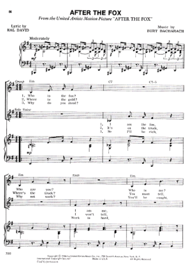 Picture of After the Fox, movie title song, Hal David & Burt Bacharach, recorded by The Hollies with Peter Sellers, sheet music