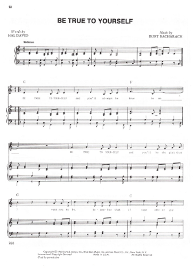 Picture of Be True to Yourself, Hal David & Burt Bacharach, recorded by Bobby Vee, sheet music