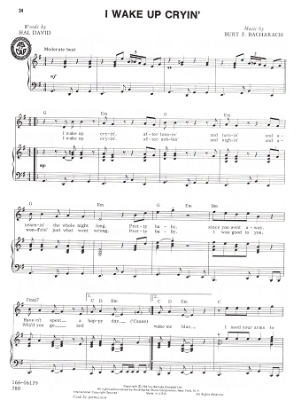 Picture of I Wake Up Cryin', Hal David & Burt Bacharach, recorded by Chuck Jackson, sheet music