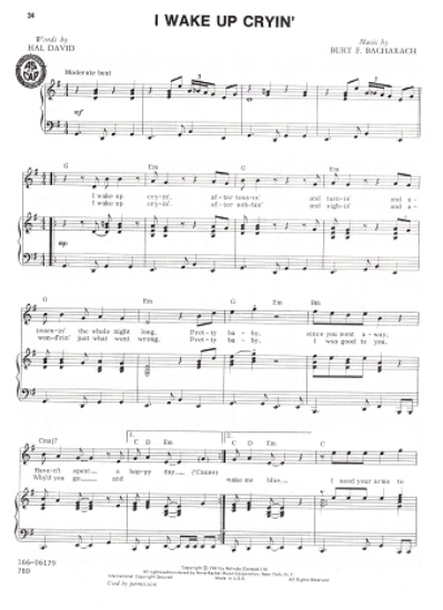 Picture of I Wake Up Cryin', Hal David & Burt Bacharach, recorded by Chuck Jackson, sheet music