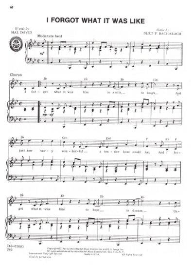 Picture of I Forgot What It Was Like, Hal David & Burt Bacharach, recorded by Ray Peterson, sheet music