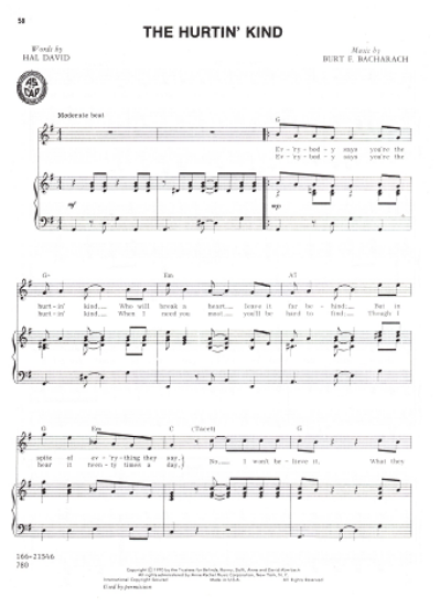 Picture of The Hurtin' Kind, Hal David & Burt Bacharach, recorded by Lonnie Sattin, sheet music