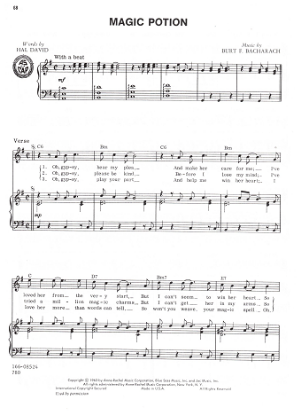 Picture of Magic Potion, Hal David & Burt Bacharach, recorded by Lou Johnson as well as The Searchers, sheet music, pdf copy 