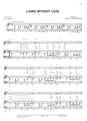 Picture of Living Without Love, Hal David & Burt Bacharach, recorded by Jon Best, sheet music
