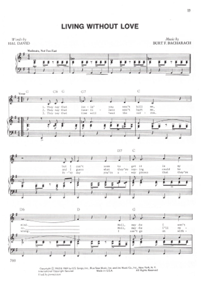 Picture of Living Without Love, Hal David & Burt Bacharach, recorded by Jon Best, sheet music