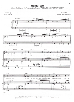 Picture of Here I Am, from movie "What's New Pussycat", Hal David & Burt Bacharach, recorded by Dionne Warwick, sheet music