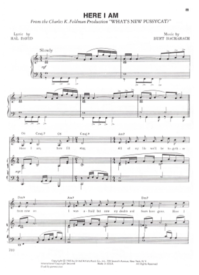 Picture of Here I Am, from movie "What's New Pussycat", Hal David & Burt Bacharach, recorded by Dionne Warwick, sheet music