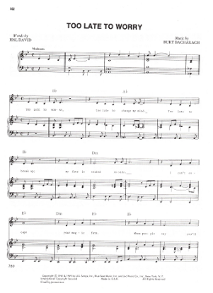 Picture of Too Late to Worry, Hal David & Burt Bacharach, recorded by Babs Tino, sheet music