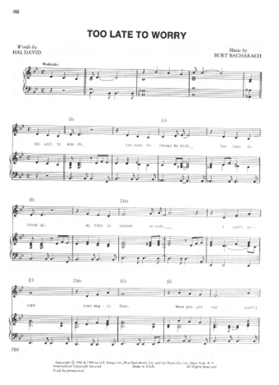 Picture of Too Late to Worry, Hal David & Burt Bacharach, recorded by Babs Tino, sheet music