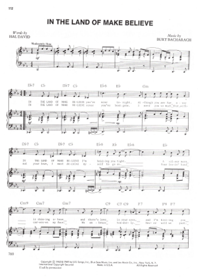 Picture of In the Land of Make Believe, Hal David & Burt Bacharach, recorded by Dionne Warwick, sheet music