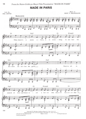 Picture of Made in Paris, movie title song, Hal David & Burt Bacharach, sheet music