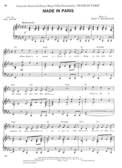 Picture of Made in Paris, movie title song, Hal David & Burt Bacharach, sheet music