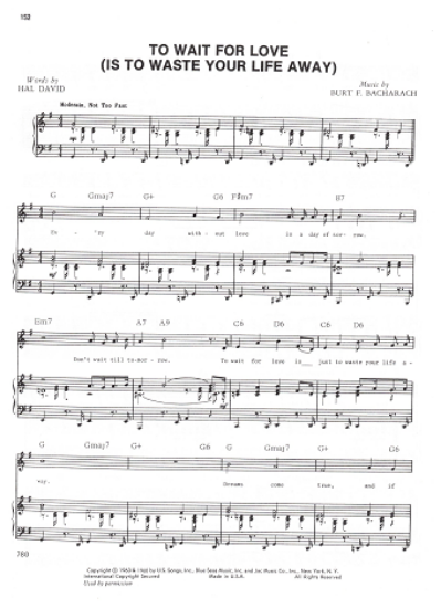 Picture of To Wait for Love, Hal David & Burt Bacharach, recorded by Herb Alpert, sheet music