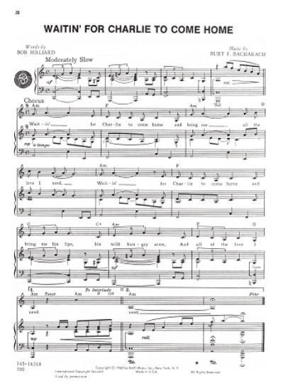 Picture of Waitin' for Charlie to Come Home, Bob Hilliard & Burt Bacharach, recorded by Etta James, sheet music