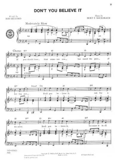Picture of Don't You Believe It, Bob Hilliard & Burt Bacharach, recorded by Andy Williams, sheet music