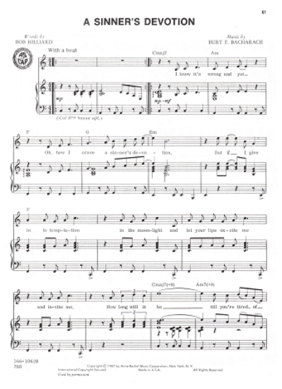 Picture of A Sinner's Devotion, Bob Hilliard & Burt Bacharach, recorded by Tammi Terrell, sheet music