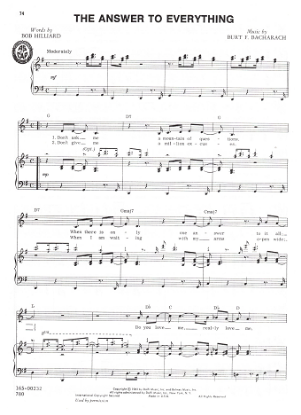 Picture of The Answer to Everything, Bob Hilliard & Burt Bacharach, recorded by Del Shannon, sheet music