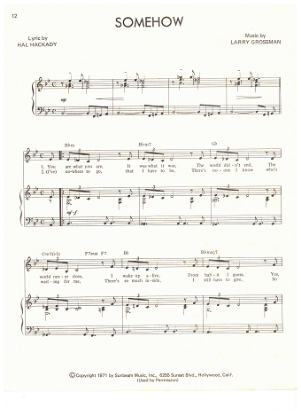 Picture of Somehow, Hal Hackady & Larry Grossman, recorded by Shirley Bassey, sheet music