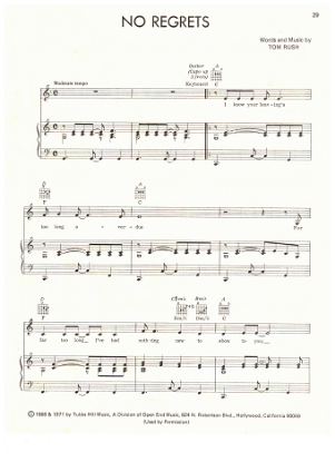 Picture of No Regrets, Tom Rush, recorded by Shirley Bassey, sheet music
