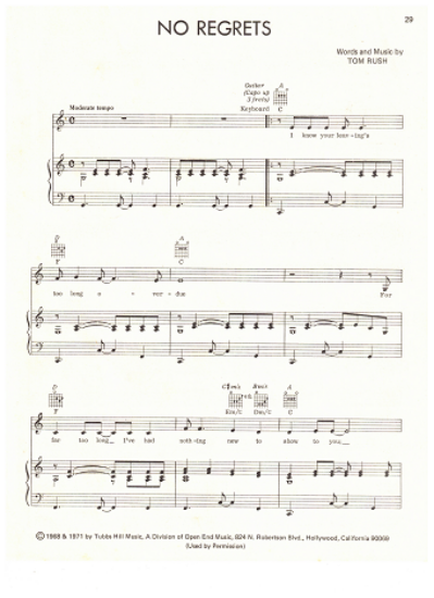 Picture of No Regrets, Tom Rush, recorded by Shirley Bassey, sheet music