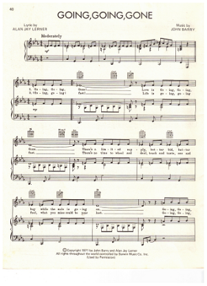 Picture of Going Going Gone, from musical "Lolita My Love", Alan Jay Lerner & John Barry, recorded by Shirley Bassey, sheet music