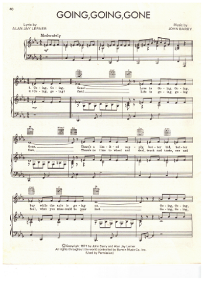 Picture of Going Going Gone, from musical "Lolita My Love", Alan Jay Lerner & John Barry, recorded by Shirley Bassey, sheet music