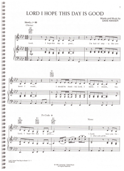 Picture of Lord I Hope This Day is Good, Dave Hanner, as recorded by Anne Murray, sheet music