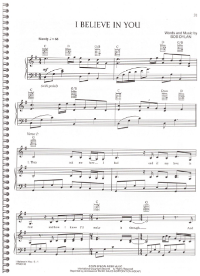 Picture of I Believe in You, Bob Dylan, as recorded by Anne Murray, sheet music