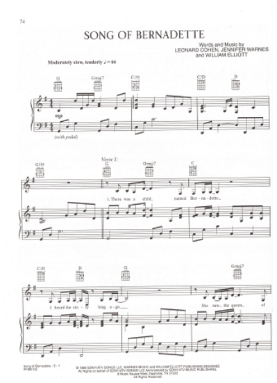 Picture of Song of Bernadette, Leonard Cohen/ Jennifer Warnes/ William Elliott, as recorded by Anne Murray, sheet music