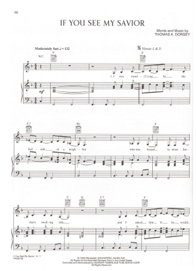 Picture of If You See My Savior, Thomas Dorsey, as recorded by Anne Murray, sheet music