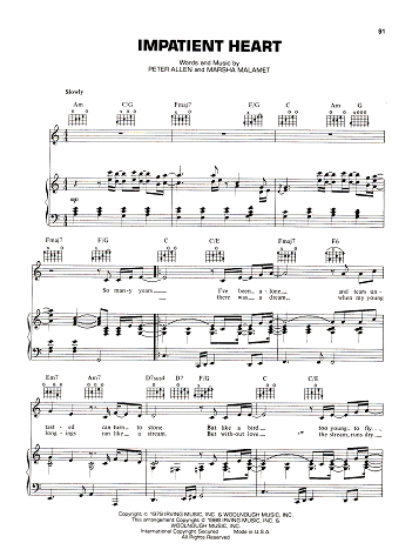 Picture of Impatient Heart, Peter Allen & Marsha Malamet, recorded by Peter Allen, sheet music