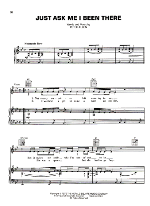 Picture of Just Ask Me I Been There, Peter Allen, recorded by Peter Allen, sheet music