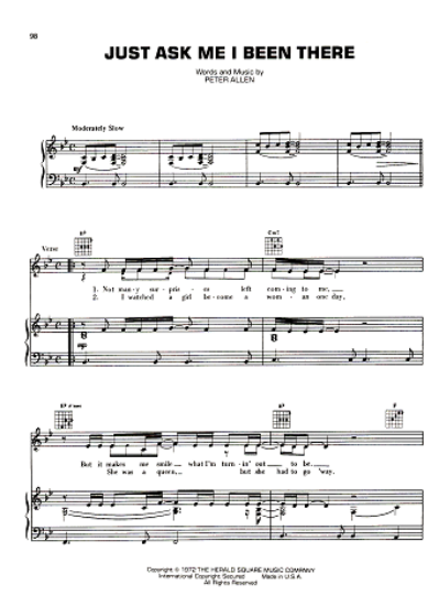 Picture of Just Ask Me I Been There, Peter Allen, recorded by Peter Allen, sheet music