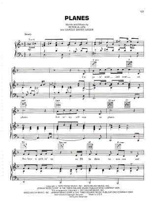 Picture of Planes, Peter Allen & Carole Bayer Sager, recorded by Peter Allen, sheet music