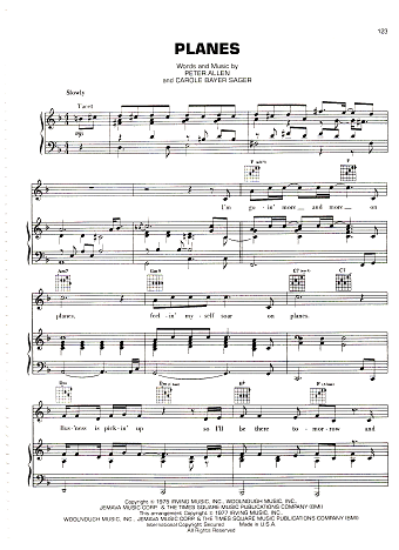 Picture of Planes, Peter Allen & Carole Bayer Sager, recorded by Peter Allen, sheet music