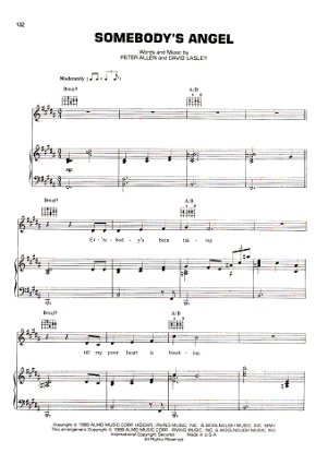 Picture of Somebody's Angel, Peter Allen & David Lasley, recorded by Peter Allen, sheet music