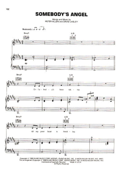 Picture of Somebody's Angel, Peter Allen & David Lasley, recorded by Peter Allen, sheet music
