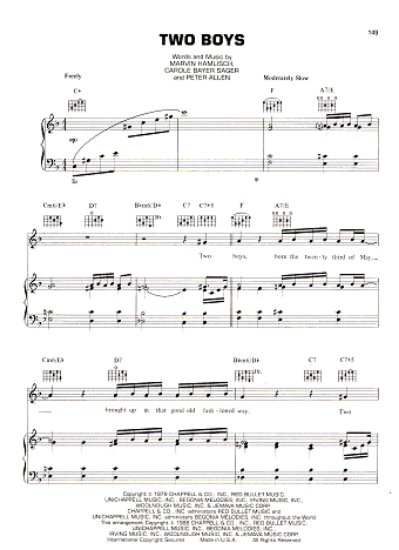 Picture of Two Boys, Peter Allen/ Marvin Hamlisch/ Carole Bayer Sager, recorded by Peter Allen, sheet music