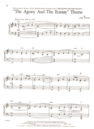 Picture of The Agony and the Ecstasy, movie title theme, Alex North, easy piano solo, sheet music