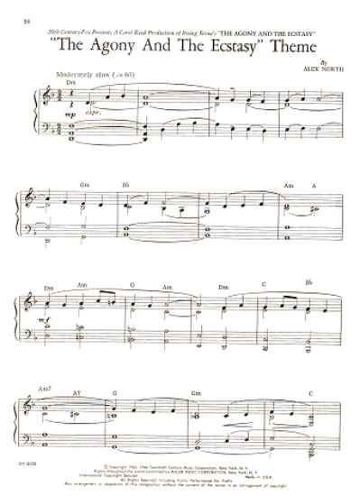 Picture of The Agony and the Ecstasy, movie title theme, Alex North, easy piano solo, sheet music
