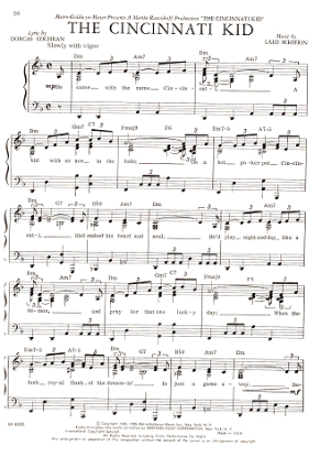 Picture of The Cincinnati Kid, movie title song, Dorcas Cochran & Lalo Schifrin, easy piano/vocal, sheet music