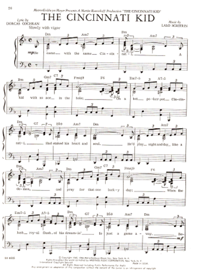 Picture of The Cincinnati Kid, movie title song, Dorcas Cochran & Lalo Schifrin, easy piano/vocal, sheet music