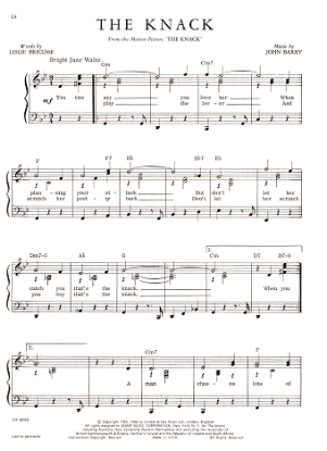 Picture of The Knack, movie title song, Leslie Bricusse & John Barry, easy piano/vocal, sheet music