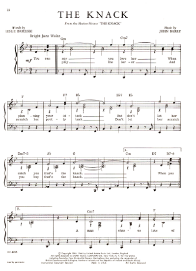 Picture of The Knack, movie title song, Leslie Bricusse & John Barry, easy piano/vocal, sheet music