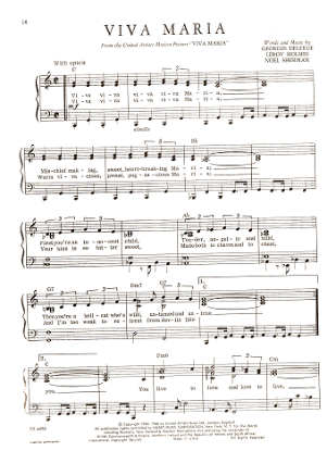 Picture of Viva Maria, movie title song, Georges Delerue/ Leroy Holmes/ Noel Sherman, piano/vocal, sheet music